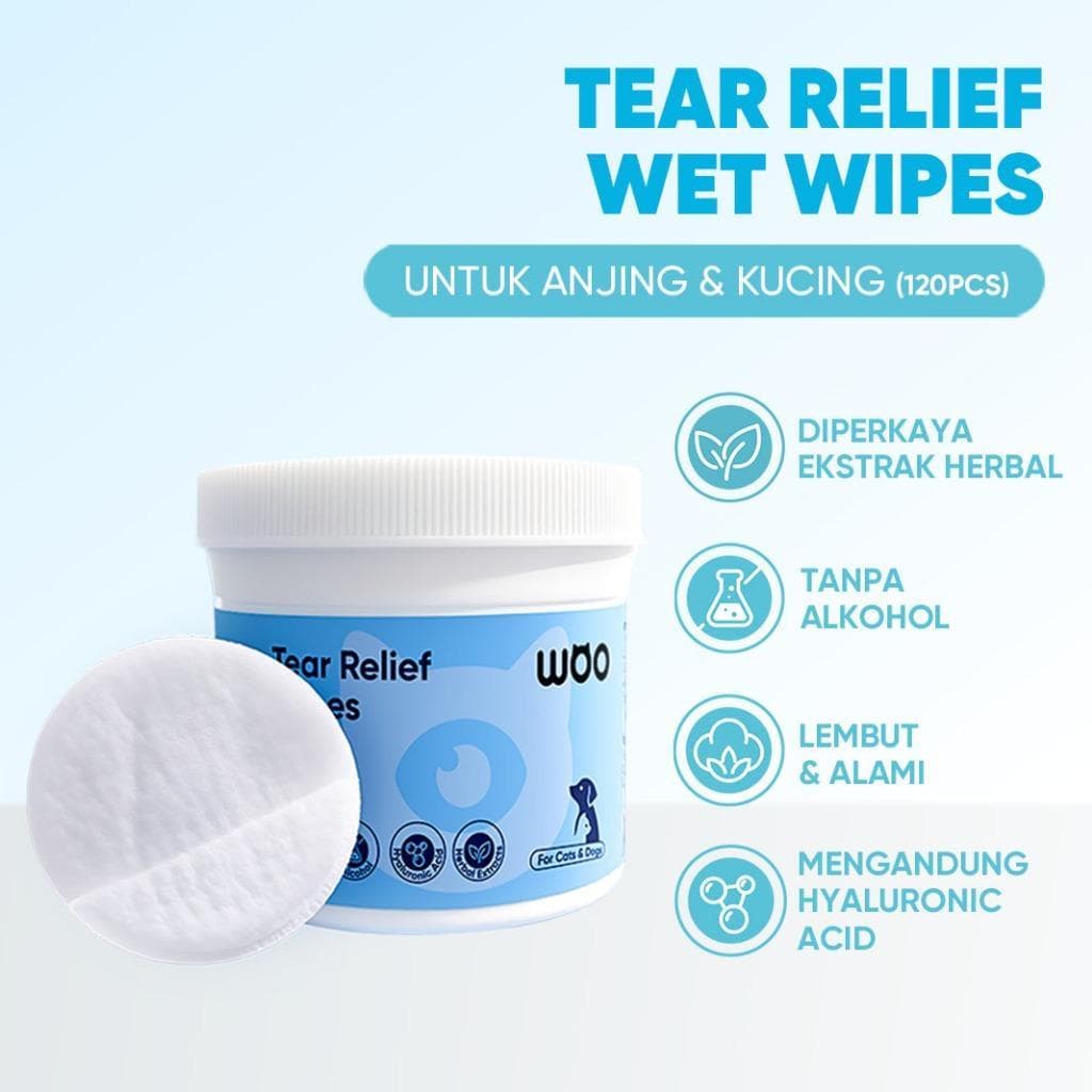 Woo Tear Stain Reflief Wet Wipes - Pembersih Mata Tanpa Alkohol dari Ekstrak Bahan Alami Herbal Cat & Dog 120 Lembar