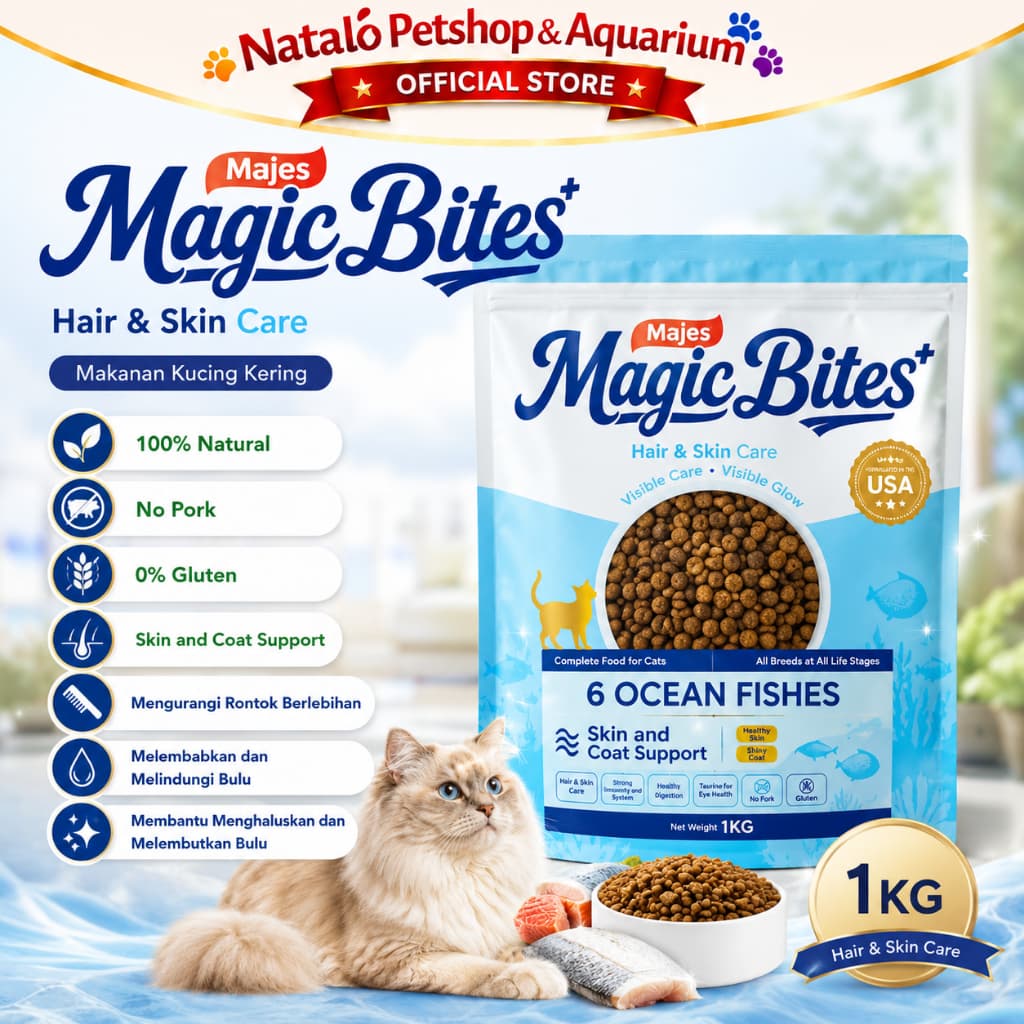 Majes Magic Bites 1KG Hair & Skin Care / Makanan Kucing Kering Adult Dry Cat Food 6 Ocean Fish Ikan Fishes Skin And Coat Support Gluten Free