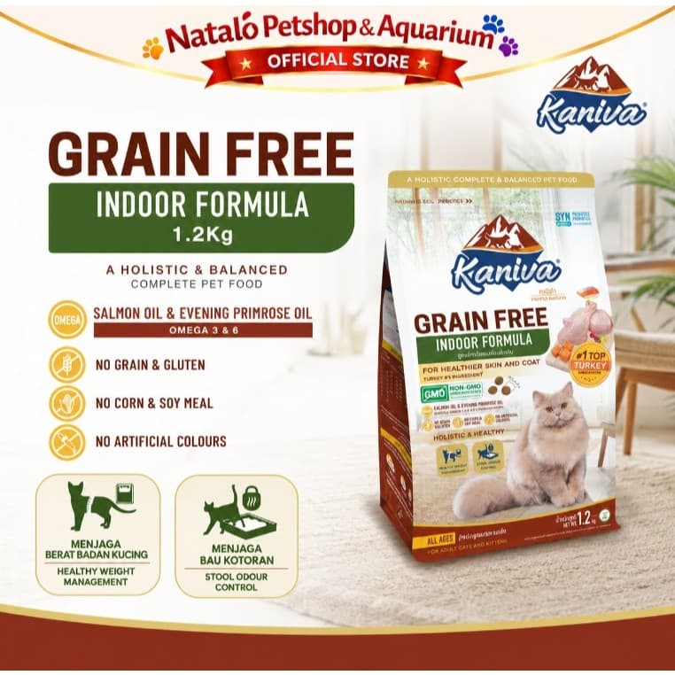 Kaniva Grain Free Indoor Cat 1.2KG Dry Food - Holistic Healthy Skin and Coat - Premium Makanan Kucing Kering untuk Segala Usia All Life Stages Adult Kitten Dewasa Anak Kucing 1.2 KG