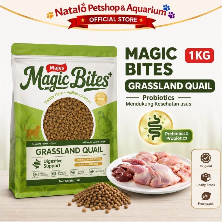 Majes Magic Bites Grassland Quail 1KG Digestive Support - Makanan Kucing Kering Kesehatan Pencernaan Sehat dengan Probiotics Probiotik