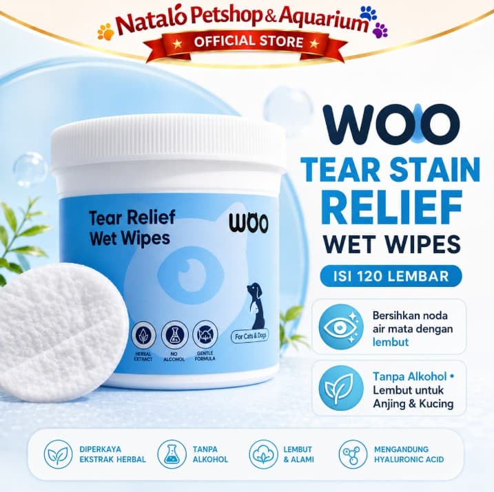 Woo Tear Stain Reflief Wet Wipes - Pembersih Mata Tanpa Alkohol dari Ekstrak Bahan Alami Herbal Cat & Dog 120 Lembar