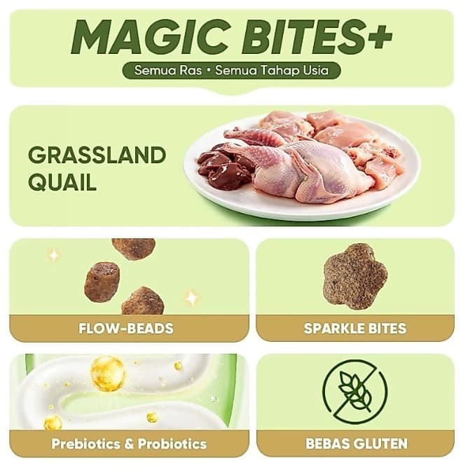 Majes Magic Bites Grassland Quail 1KG Digestive Support - Makanan Kucing Kering Kesehatan Pencernaan Sehat dengan Probiotics Probiotik - gambar 3