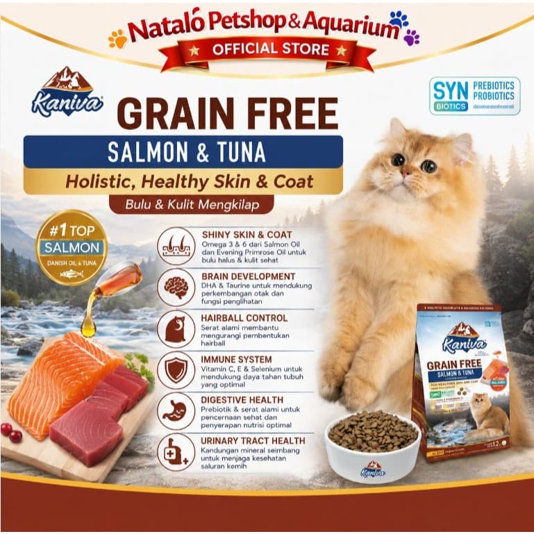 Kaniva Grain Free Salmon and Tuna 1.2KG Dry Cat Food - Holistic Healthy Skin & Coat - Premium Makanan Kucing Kering - Segala Usia Anak Dewasa Adult Kitten 1.2 KG - gambar 2