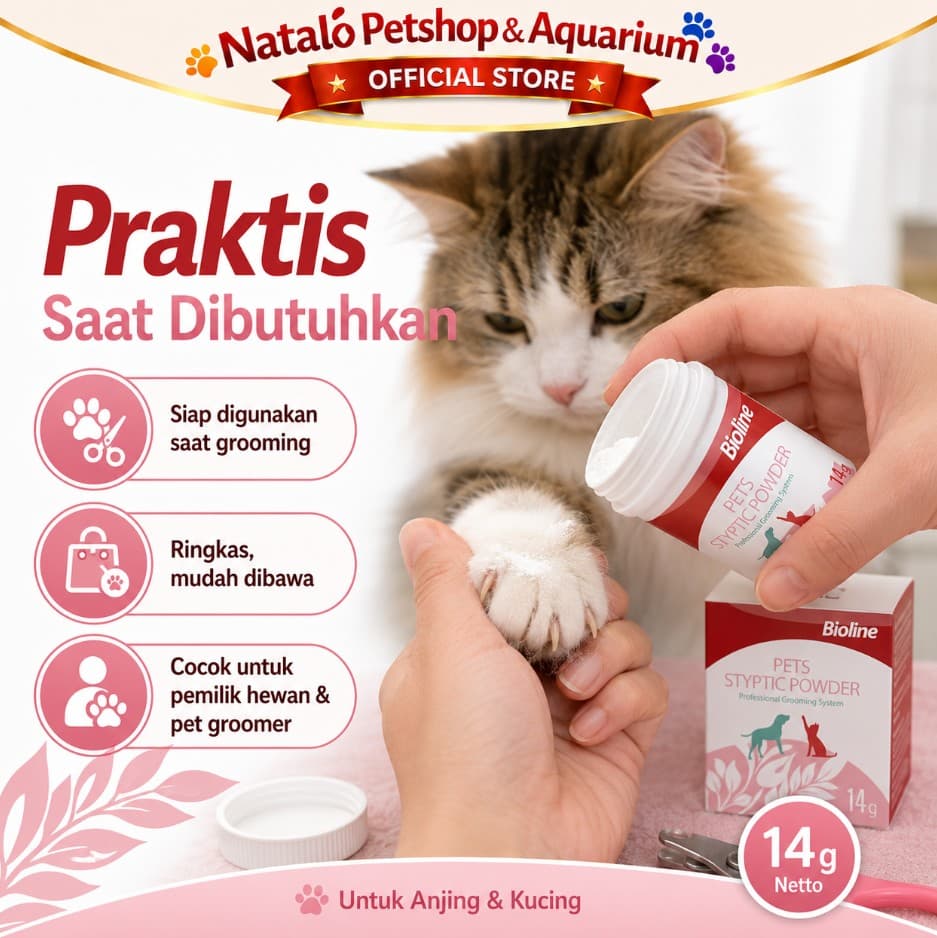 Bioline Pet Styptic Powder 14gr Bubuk Obat Penghenti Stop Darah Hewan Peliharaan Stop Bleeding Blood for Pet Kucing Anjing Kuku Berdarah Luka Cat Dog Kitten Puppy Adult Anak Dewasa - gambar 4