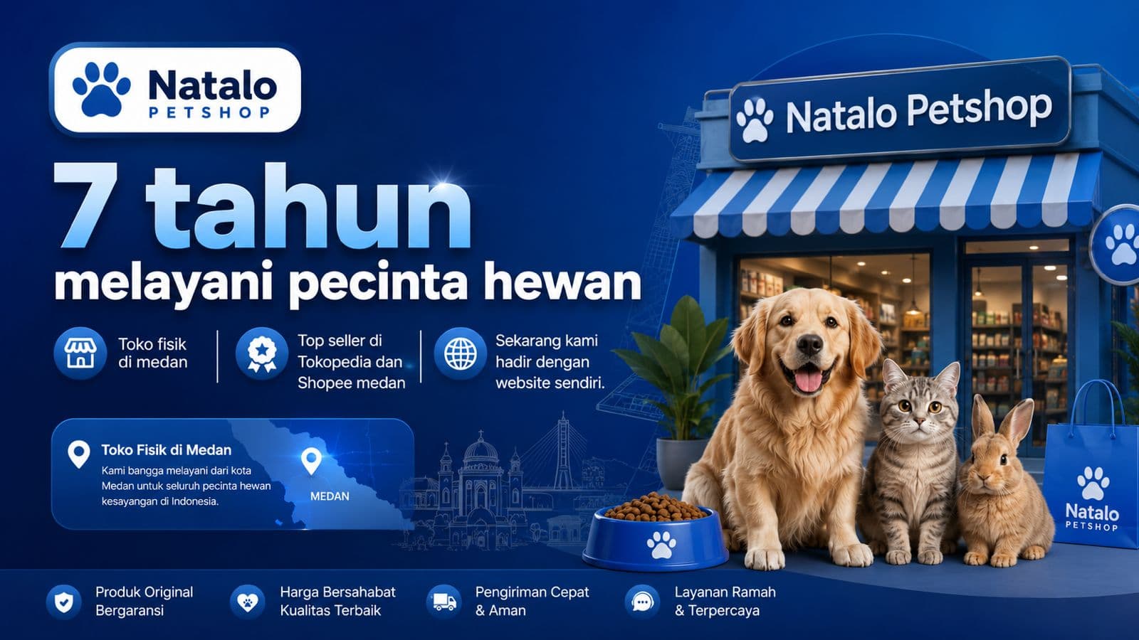 7 tahun melayani pecinta hewan — Natalo Petshop, toko fisik di Medan, top seller Tokopedia & Shopee.